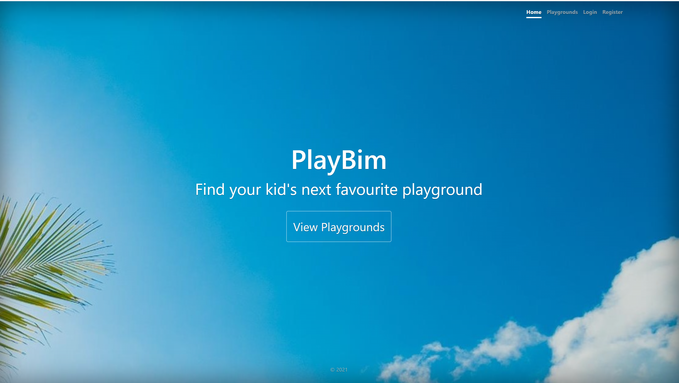 screenshot of a blue sky background with a palm leaf that says PlayBim in the centre