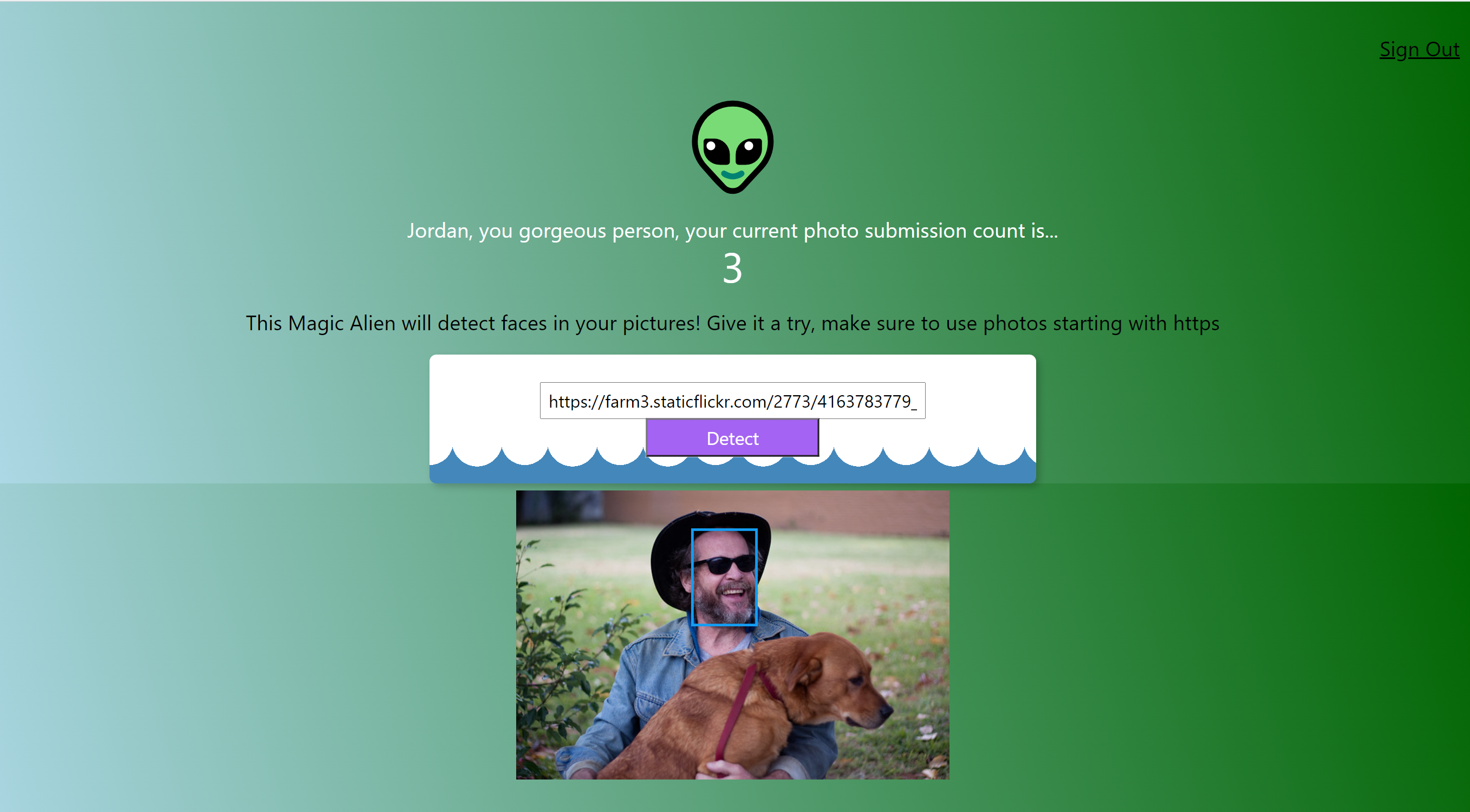 green screenshot with an alien emoji and person with a dog, a blue box around the person's face